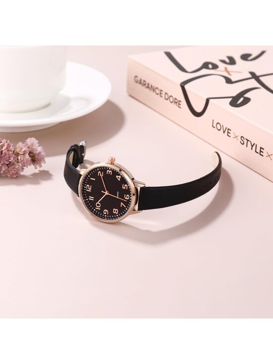 Women\'s All Black Dainty Analog Leather Waterproof Reloj Para Mujer Wrist Watch